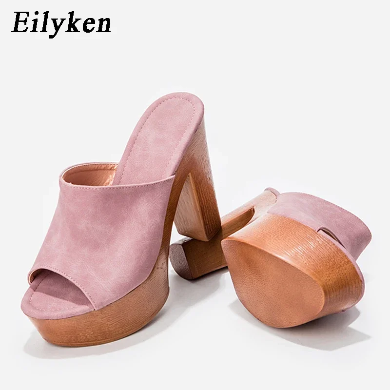 Eilyken Fashion Wood Grain High Heels Women Slippers Summer Roman Gladiator Peep Toe Platform Casual Ladies Shoes Sandals