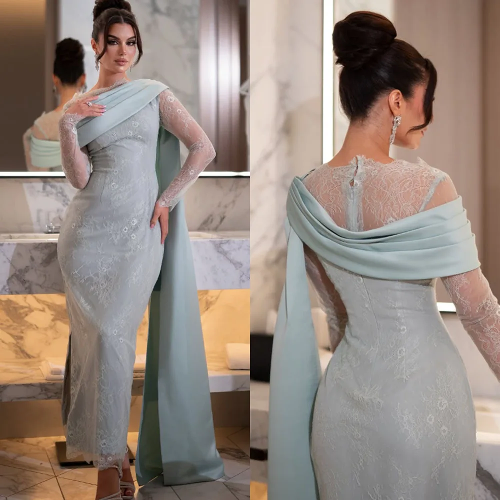 Customized High Quality Strapless Full Sleeves Ankle Length Wrinkle Blue A-line Zipper Tulle and Stain Evening Dresses Vestido