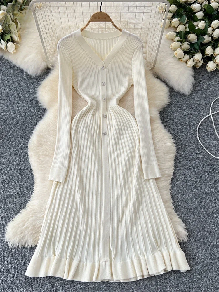 Autumn Winter Vintage Knitted Dress Women Sexy V-neck Button Elegant Long Dresses Ladies Long Sleeve Solid Long Robe Vestidos