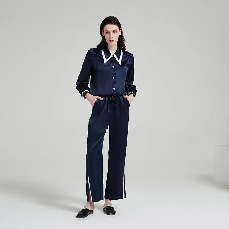100% Mulberry Silk Women's Pajamas Set Casual Solid 2PC Sleepwear Spring Autumn Long Sleeve Pants Loungewear Home Suit Outwear