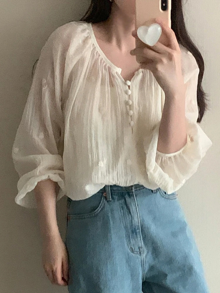 シックな甘い花柄刺繍ルーズ長袖レディースシフォンシャツ韓国風ランタンスリーブカジュアルオフィスウェア