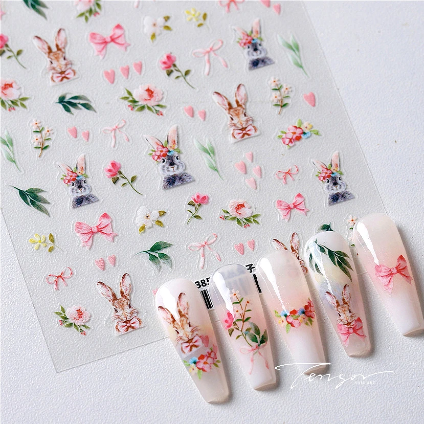 Furry Rabbit Bunny Flower Rose Bowknot Leaves Self Adhesive Nail Art Stickers Love Heart Charm Chic Garden Animal Manicure Decal