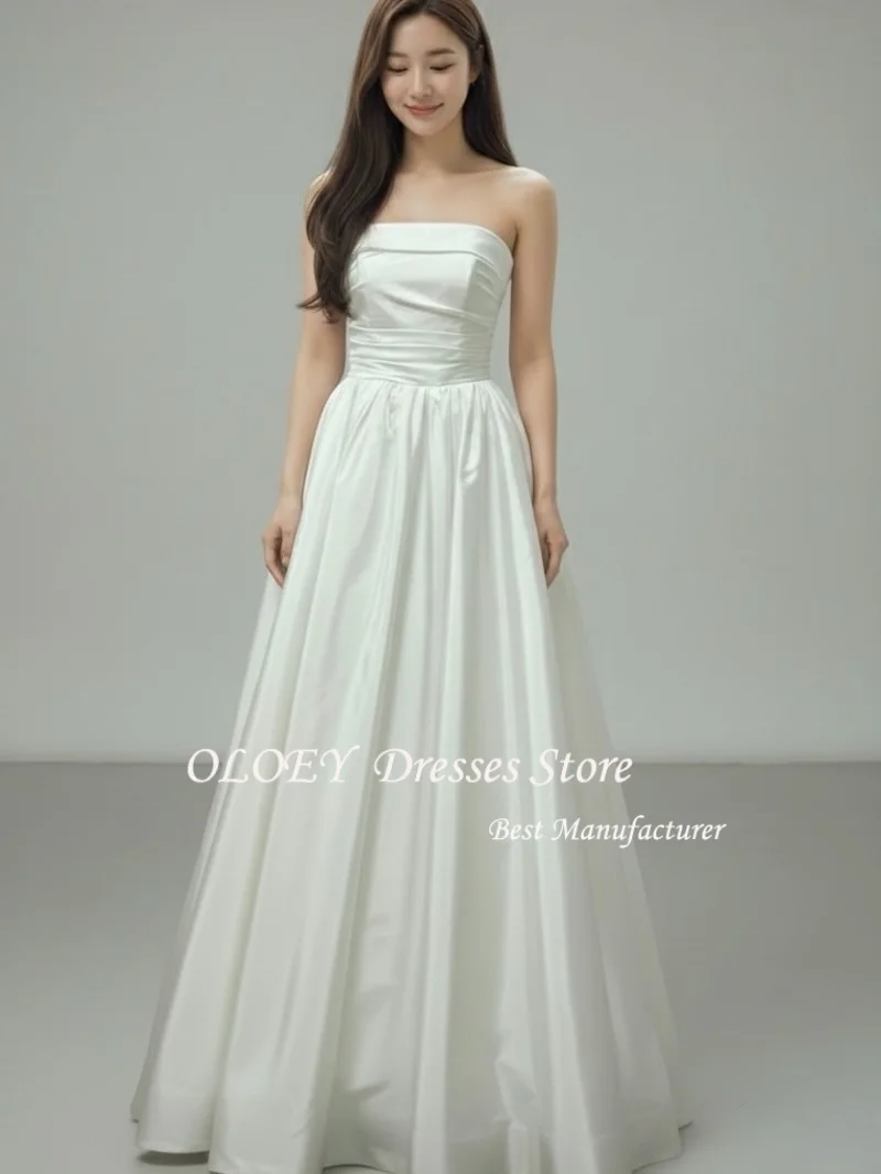 OLOEY Eenvoudige strapless Korea trouwjurken op maat gemaakte A-lijn satijnen formele feestjurken Foto's schieten mouwloze bruidjurk