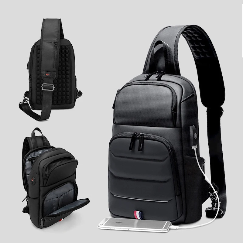 Men‘s Crossbody Chest Bag With USB Charging Portal And Earphone Jack Night Reflective Strip Messenger Sling For Motorbike Ride