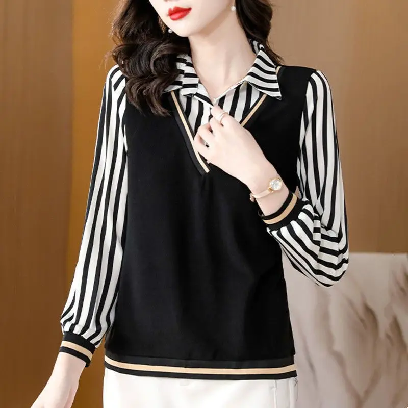 패셔너블한 프린트 롱 슬리브 여성용 페이크 투피스 베이스 레이어 탑 트렌디 칼라 싱글 버튼 클로저 루즈핏