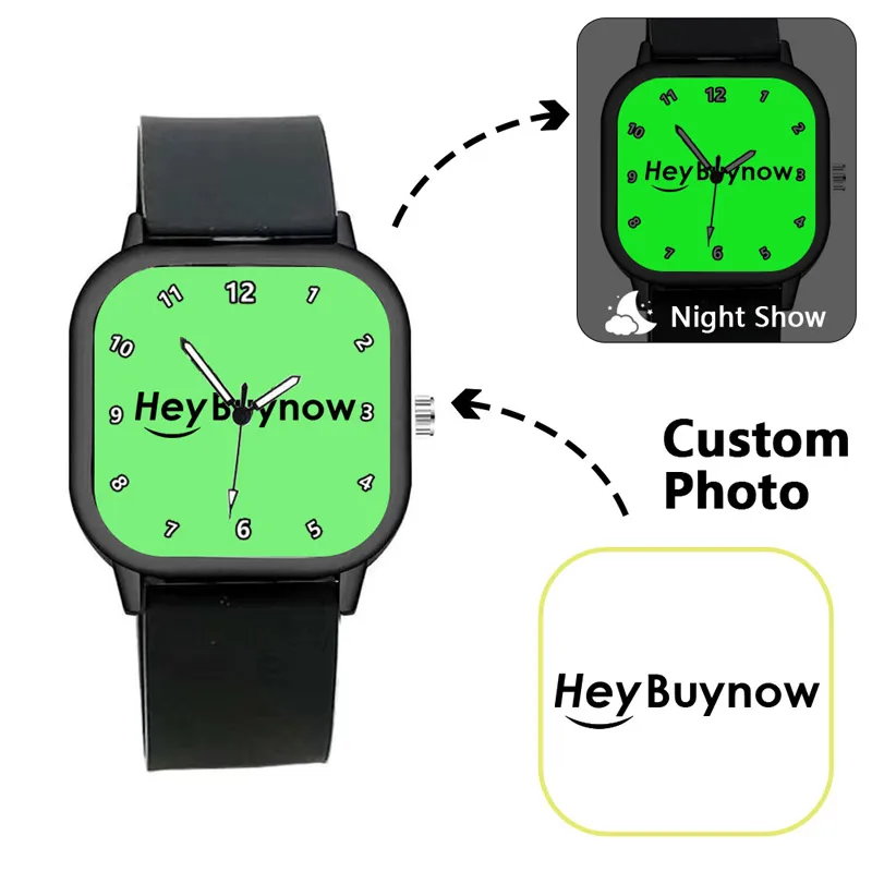 Fashion Black Silicone Square Dial Quartz Watch Custom Photo Print Logo Pet Cartoon Anniversary Gift Watch for Men and Women