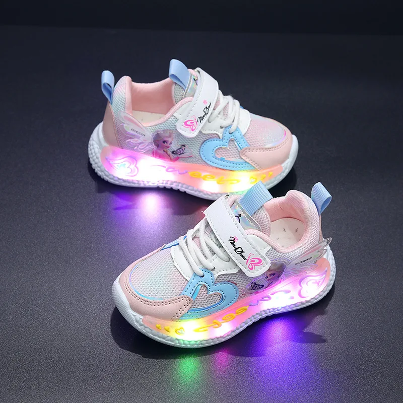 Elsa Princess LED Charging Luminous Glowing Sneakers for Girl\'s Disney Breathable Mesh Sport Shoes Kids Led Lighted Casual Shoes