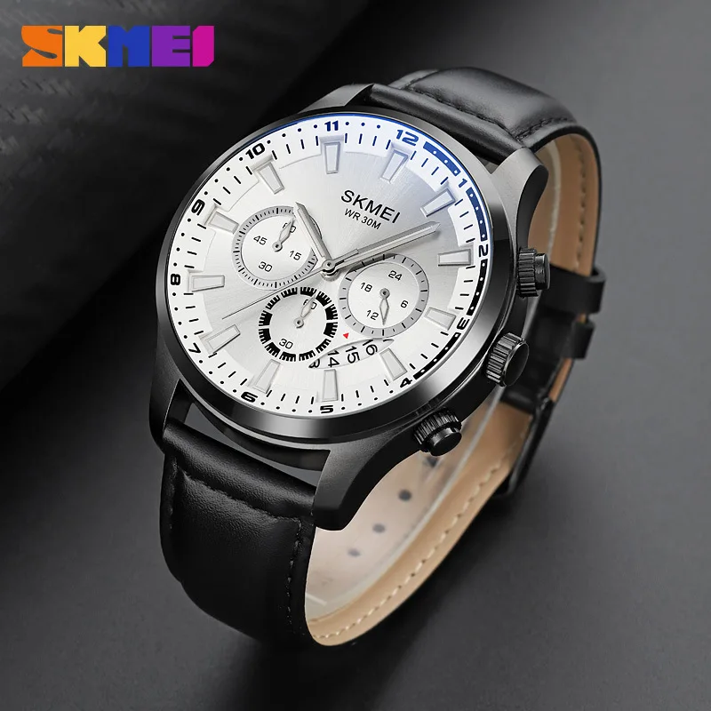 

SKMEI Sapphire Mirror Quartz Watch Casual Fashion Six-hand Three-eye Dial Chronograph Genuine Leather Men's Business Watch