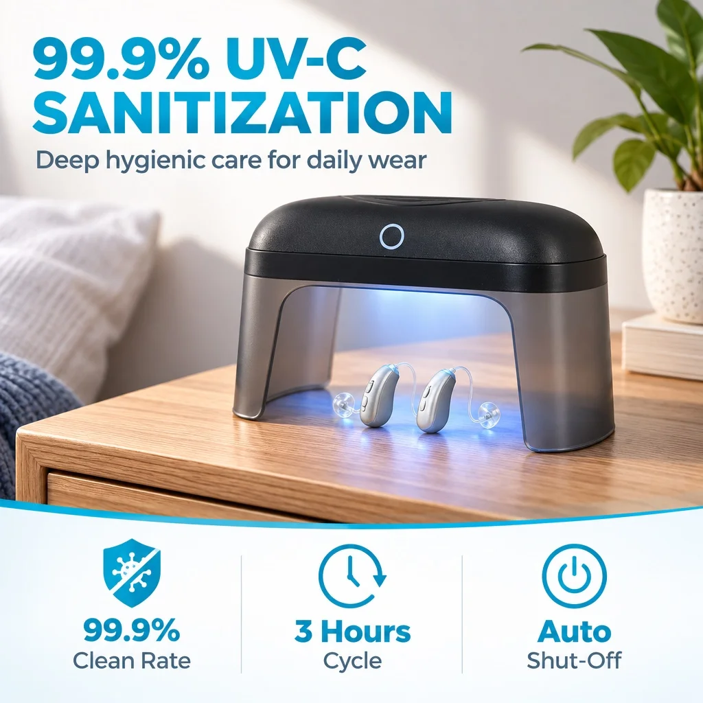 UV Hearing Aid Dryer Drying Case Automatic Timing Heating Dehumidifier Efficient Sweat & Moisture Removal Hearing Aid Care