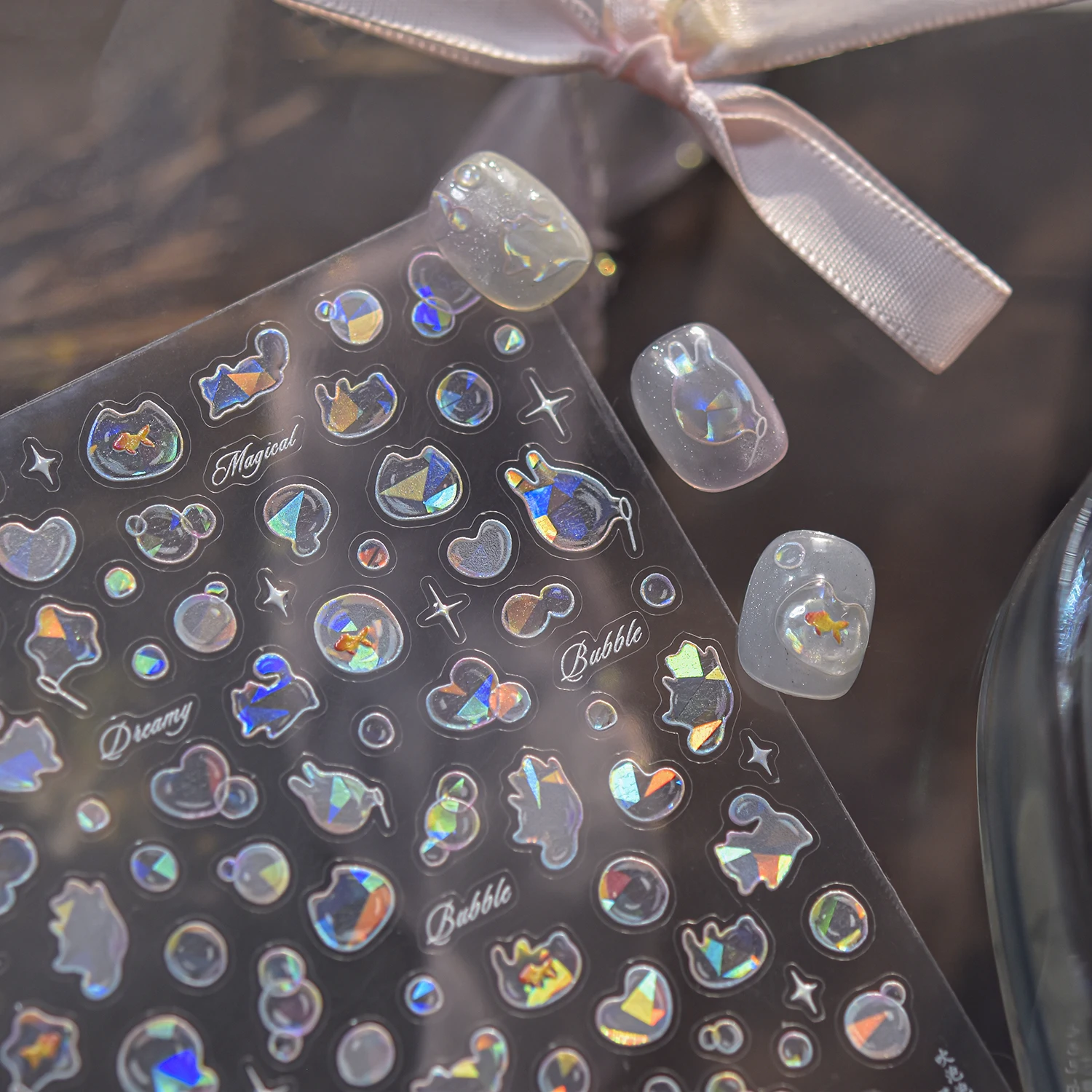 Pegatinas 5D transparentes y coloridas para uñas Starburst, accesorios para decoración de uñas, pegatinas 5D de pez dorado de dibujos animados, prensa en las uñas