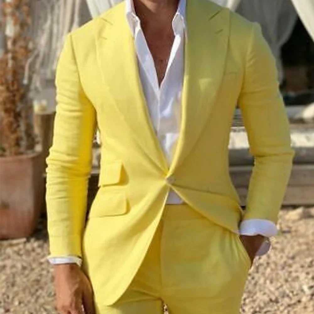 2024 Yellow Linen Beach Men Suits Slim Fit 2 Piece Wedding Groom Tuxedo Peaked Lapel Male Fashion Costume Blazer With Pants