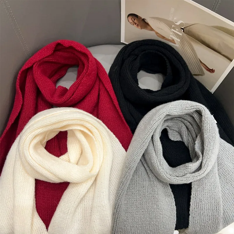 2024 Winter Women Solid Color Scarf Thickening Windproof Neck Cover Knitted Warm Korean Vintage Red Scarfs Harajuku Girls Gifts