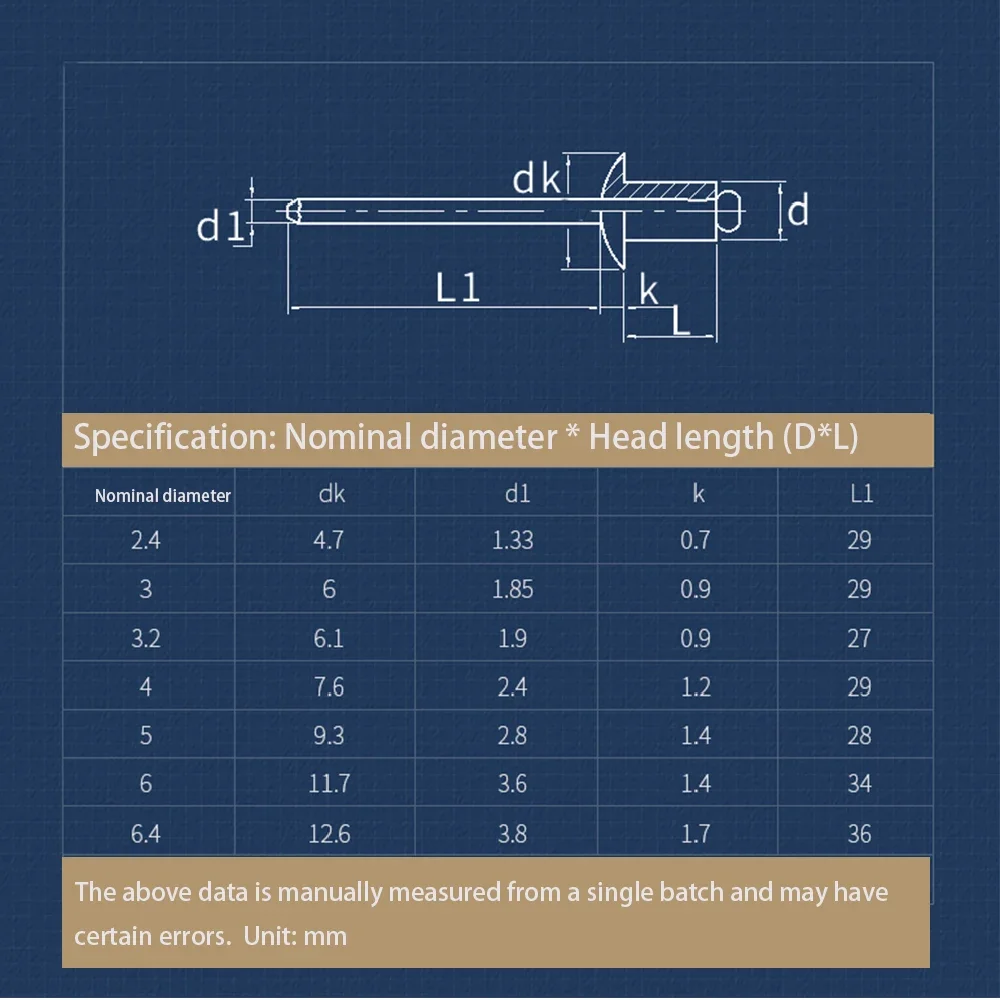 M2.4-M6.4 304 Stainless Steel Round Head Blind Pop Rivets Pull Nails Fasteners Length 4-30mm