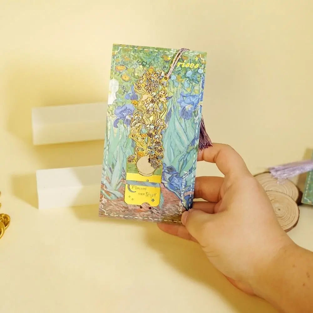 Landscape Flower Oil Painting Metal Bookmark with Tassel Pendant Exquisite Rectangular Reading Book Clip Hollow Bookmark