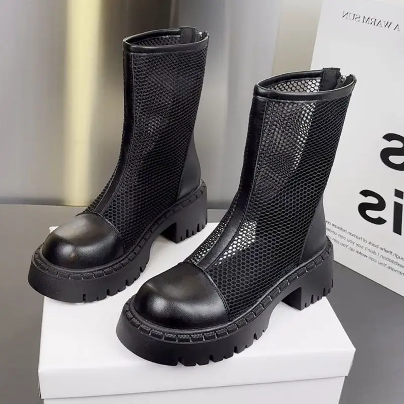 2025 Women Breathable Ankle Boots Summer Hollow-out Chunky Ladies High Heels Fashion Hot Sale Woman's White Short Boots De Mujer