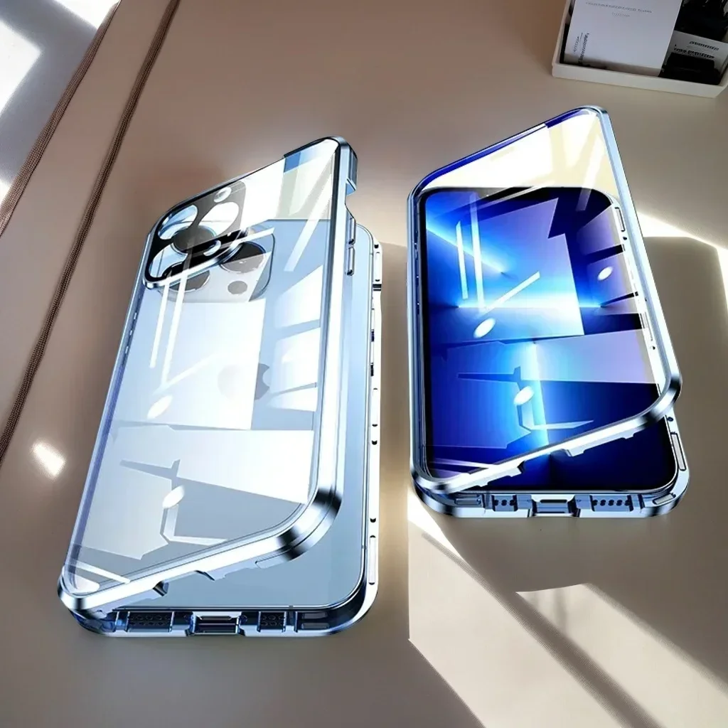 

360° Double Sided Magnetic Glass Phone Case for IPhone 11 16e 15 14 13 12 Pro Max Plus 12 13 Mini Metal Lens Protection Cover