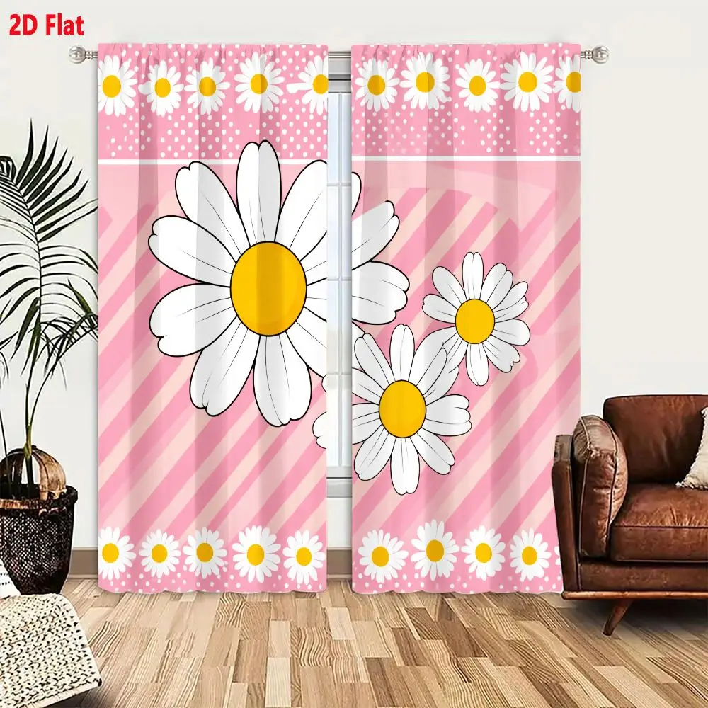 2Pcs Curtains 2D Flat Pink Background With Diagonal White Stripes And White Daisies With Yellow Centers Decorative Design Window