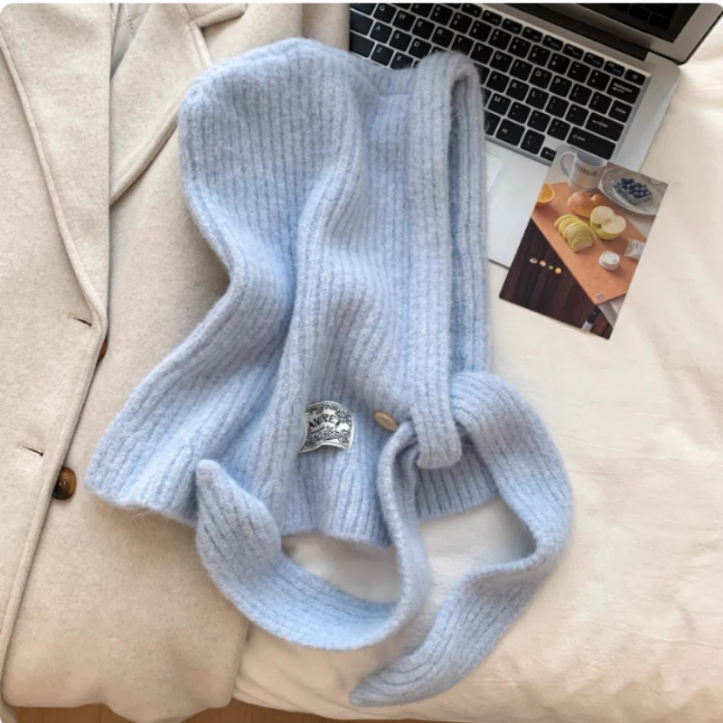 Korean Version of Simple Pullover Balaclava Hats Women's Winter Outdoor Knitted  Snood Integrated Neck Lace-up Warm Beanie Caps