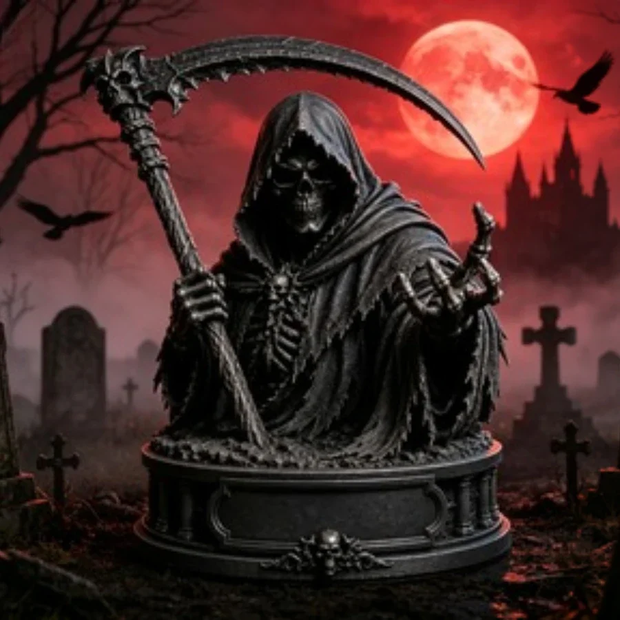 Gothic Death Skull Grim Reaper Bust Statue Figurine Scythe Dark Fantasy Desktop Ornament Halloween Home Decor Dark Fantasy Decor
