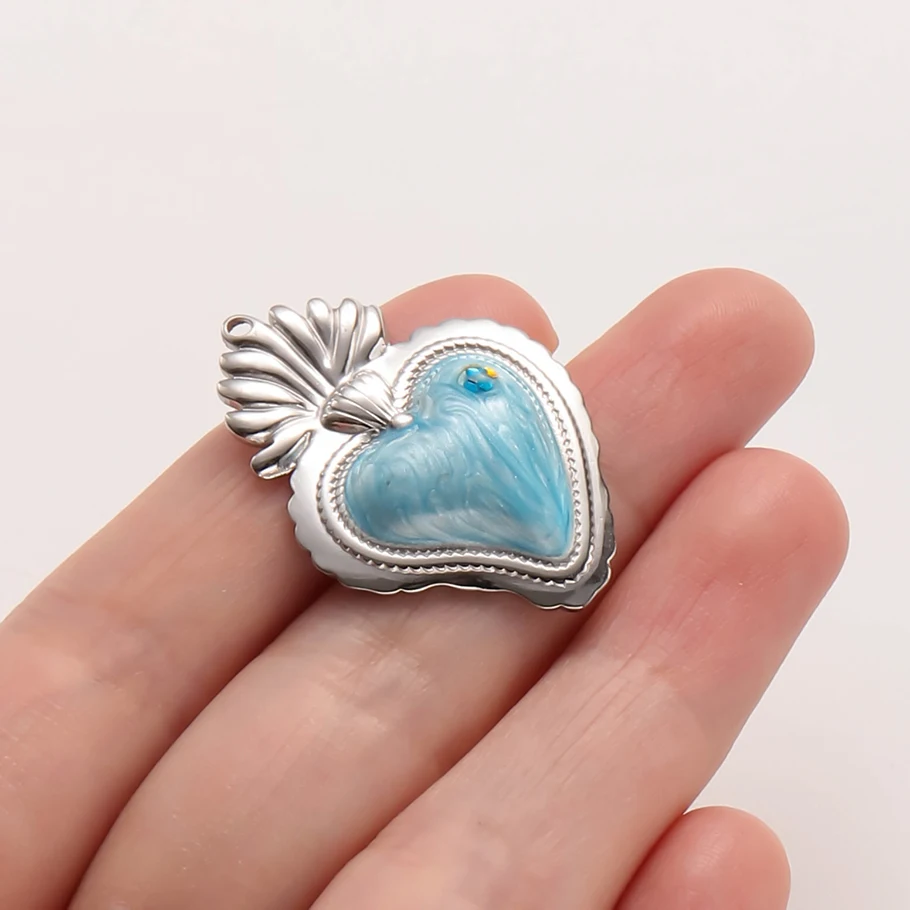 3 Stück himmelblaue, öltropfende Herzanhänger aus Edelstahl für Schmuckherstellung, Liebesanhänger, Großpackung, DIY-Schlüsselanhänger – Detail 6