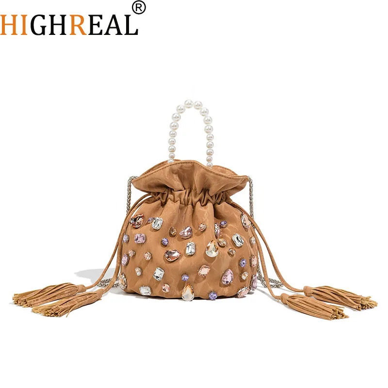 New Fashion Bucket Bag Luxury Pearl Handbag with Rhinestone Drawstring Fortune Bag Versatile Top Handle Purse for Women