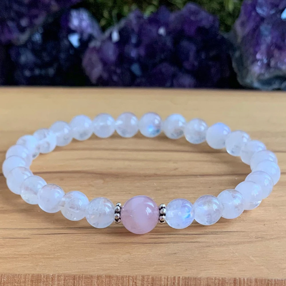 MG1440 AAA Moonstone Bracelet Natural Madagascar Rose Quartz Wrist Yoga Mala Women`s Heart Chakra Love Gift Bracelet