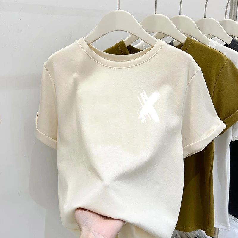 تي شيرت نسائي جديد من القطن الخالص بأكمام قصيرة لعام 2023 بعرض الكتف ومقاس منتظم للصيف عصري متعدد الاستخدامات برقبة مستديرة #5