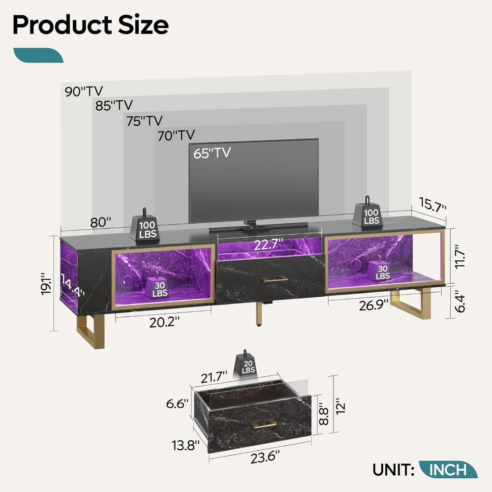 مركز ترفيهي حديث لأجهزة التلفاز مقاس 65-90 بوصة، وحامل تلفزيون LED مع مساحة تخزين ودرج مفتوح، مثالي لألعاب PS5