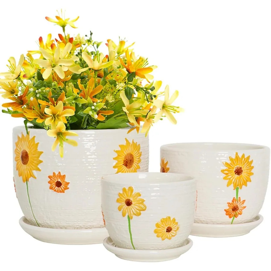 

Ceramic Plant Pots Set of 3 with Drainage Holes and Saucers in 6.75 5.6 4.2 Inch Sizes for Indoor Outdoor Use Modern Decorative