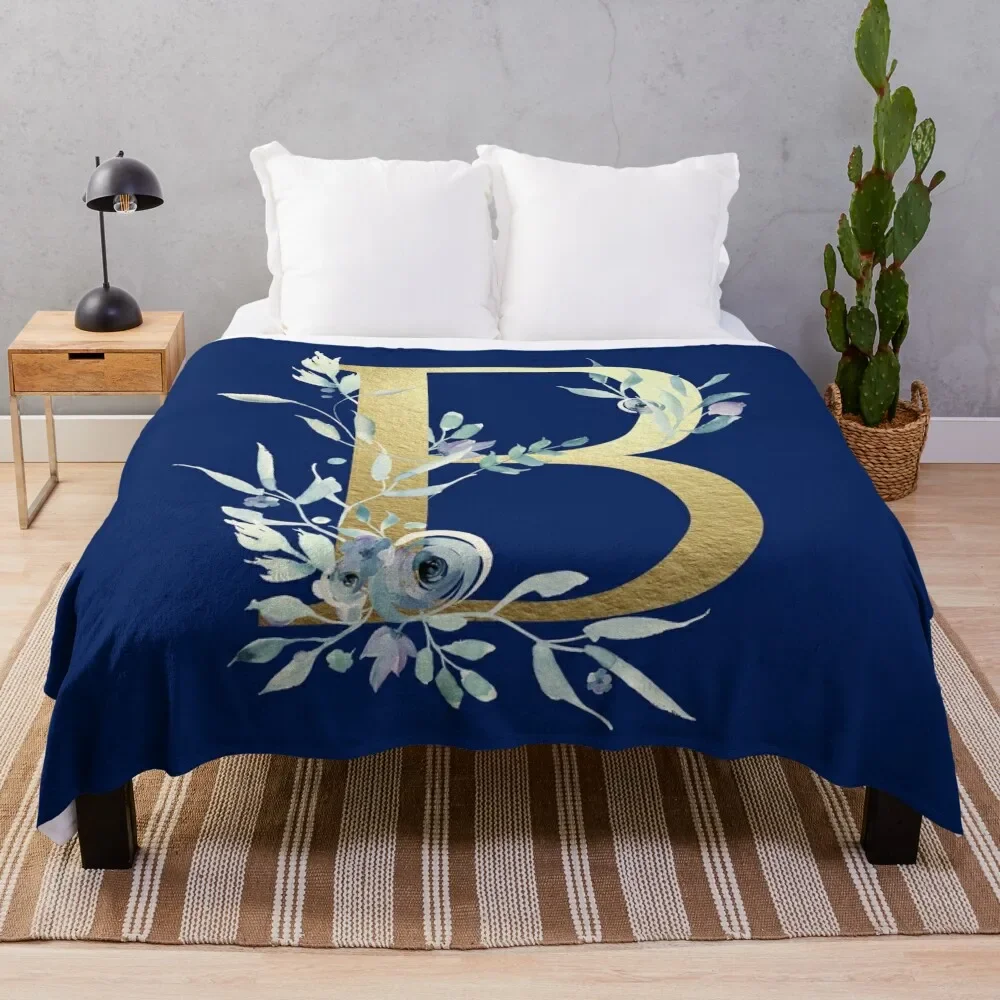 B - Gold Monogram Letter with Watercolor Flowers Throw Blanket Comforter Quilt Luxury Soft Big Blankets