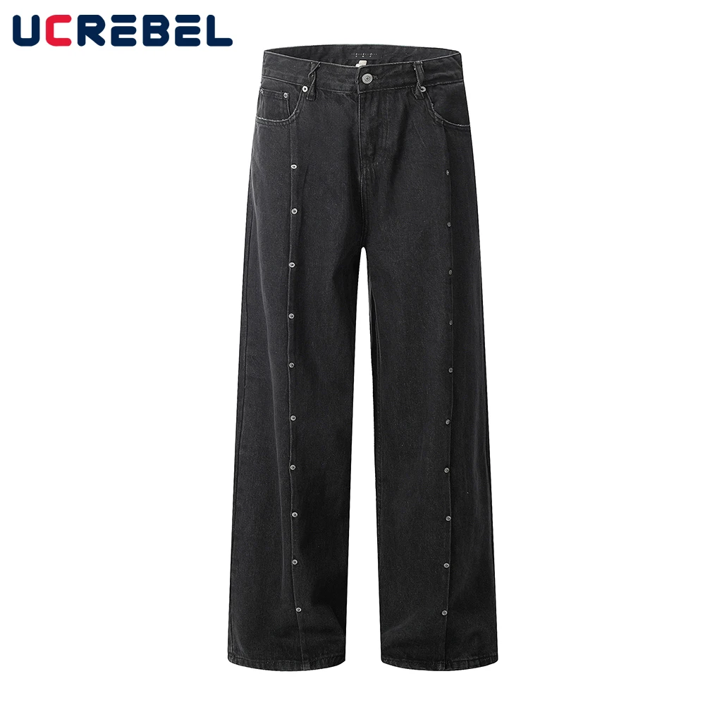 

Spliced Dark Jeans Mens with Rivets High Street Washed Loose Straight Wide Leg Denim Pants Men