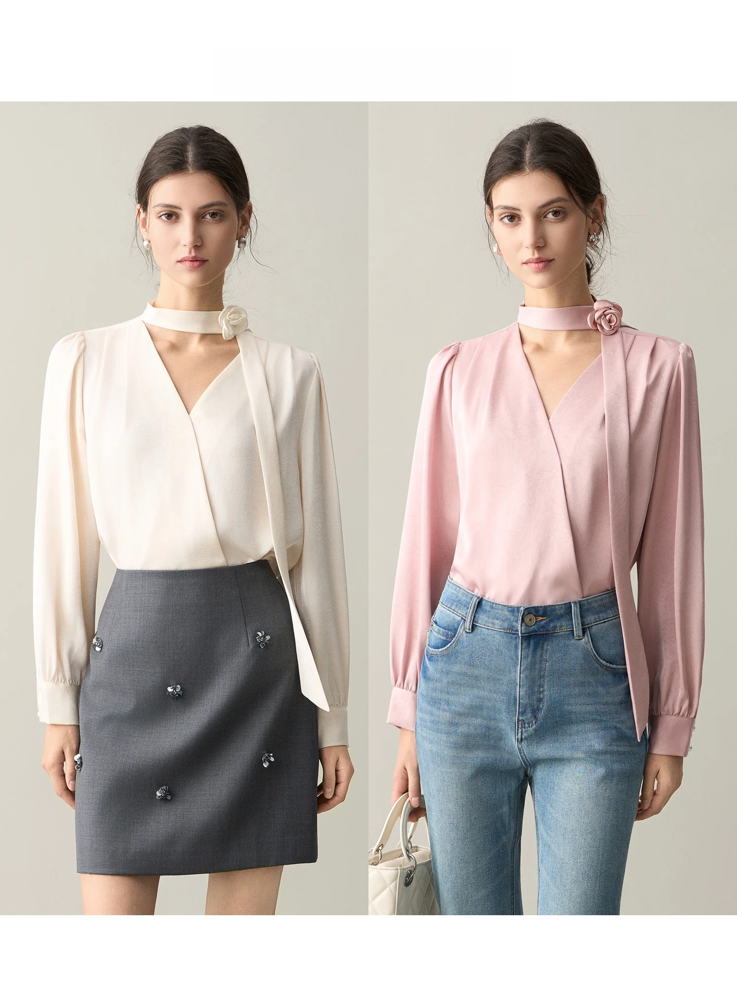 

Ruiqia Jie V-neck Long Sleeve Shirt with Rose Sash Career Women's Fashion Straight Cut French Style Polyester Fiber Shirt