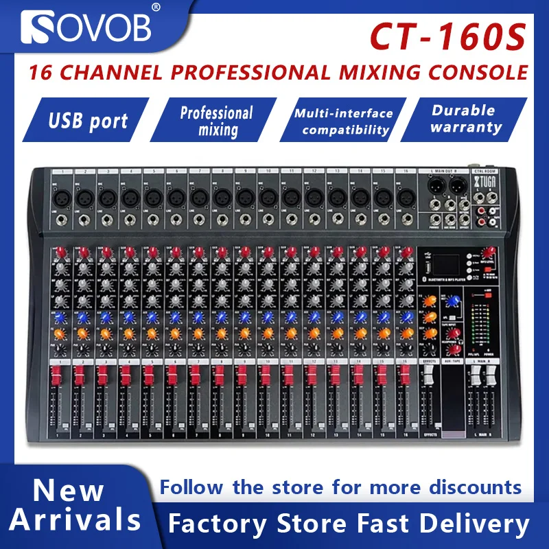 CT160S professional 16 channel mixing console with USB Bluetooth reverb effect for stage performance, can be monitored and tuned
