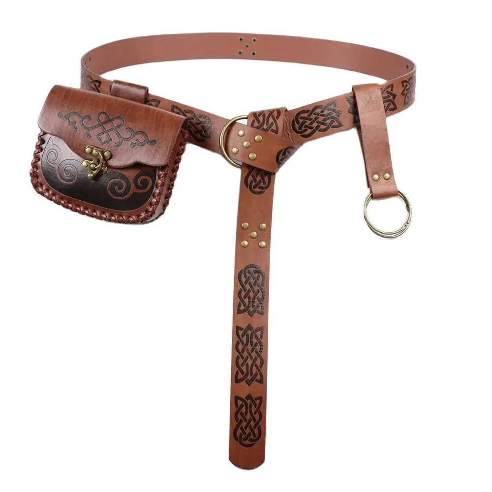 Medieval Cosplay Belt Leather Embossed Retro Belt Copper Coin Waist Bag with Key Hiking Skirt Clip Halloween Cosplay Dress up