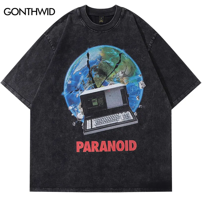 Vintage T-Shirt Hip Hop Retro Computer Planet Paranoid Graphic Print Streetwear Tshirt Harajuku Punk Gothic Washed Oversized Top