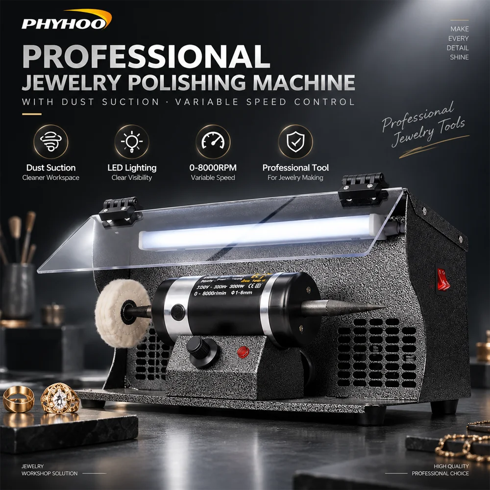 PHYHOO 200W Jewelry Polishing Machine 8000RPM Bench Buffer Polisher with Dust Collector LED Light Variable Speed for Metal Craft