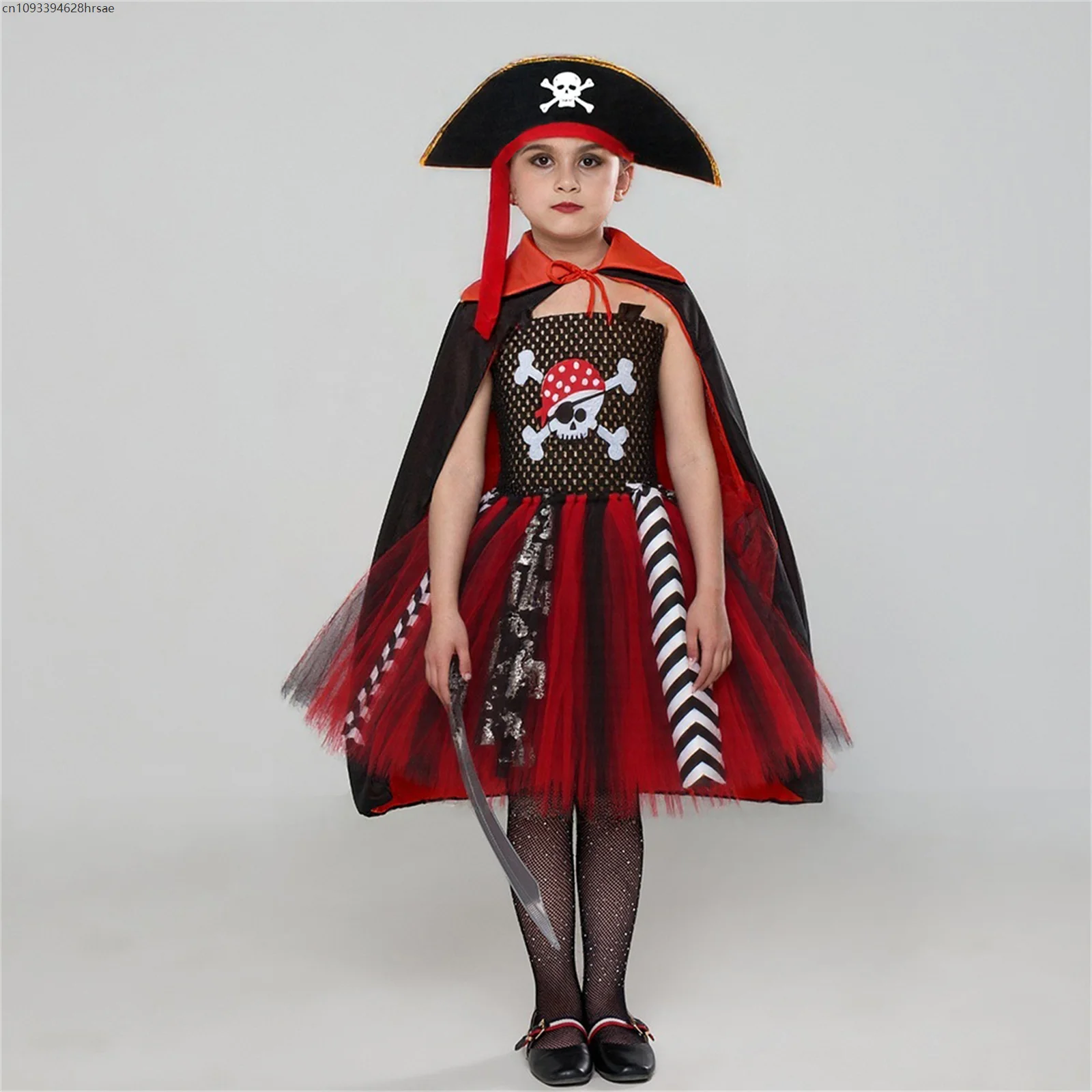 소녀를위한 반짝 이는 해적 캡틴 의상 모자와 반짝임 멋진 투투 드레스 어린이 할로윈 카니발 파티 변장 복장