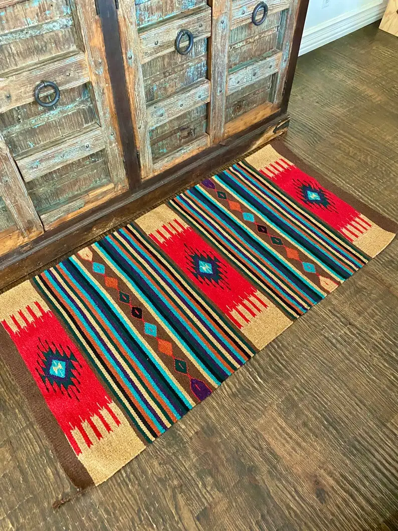 Gold Multi Colored Aztec Flannel Floor Rug Tribal Southwestern Throw Kilim Boho Western Carpet For Bedroom Living Room