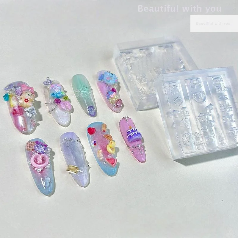 

Nail Art Decoration Ice Cream Bread Shape 3D Silicone Mold with Cartoon Bear Design DIY Manicure Stamping Plates