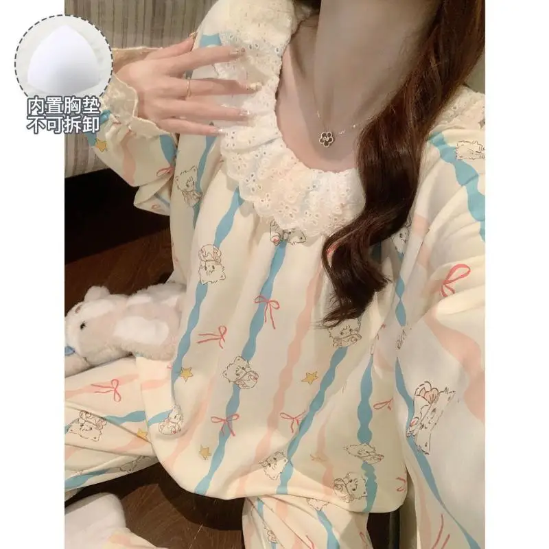 

pring autumn Women's pajamas long sleeves new model kitten Comfortable Sleepwear suit Sleepwear loose student Pajama homewear