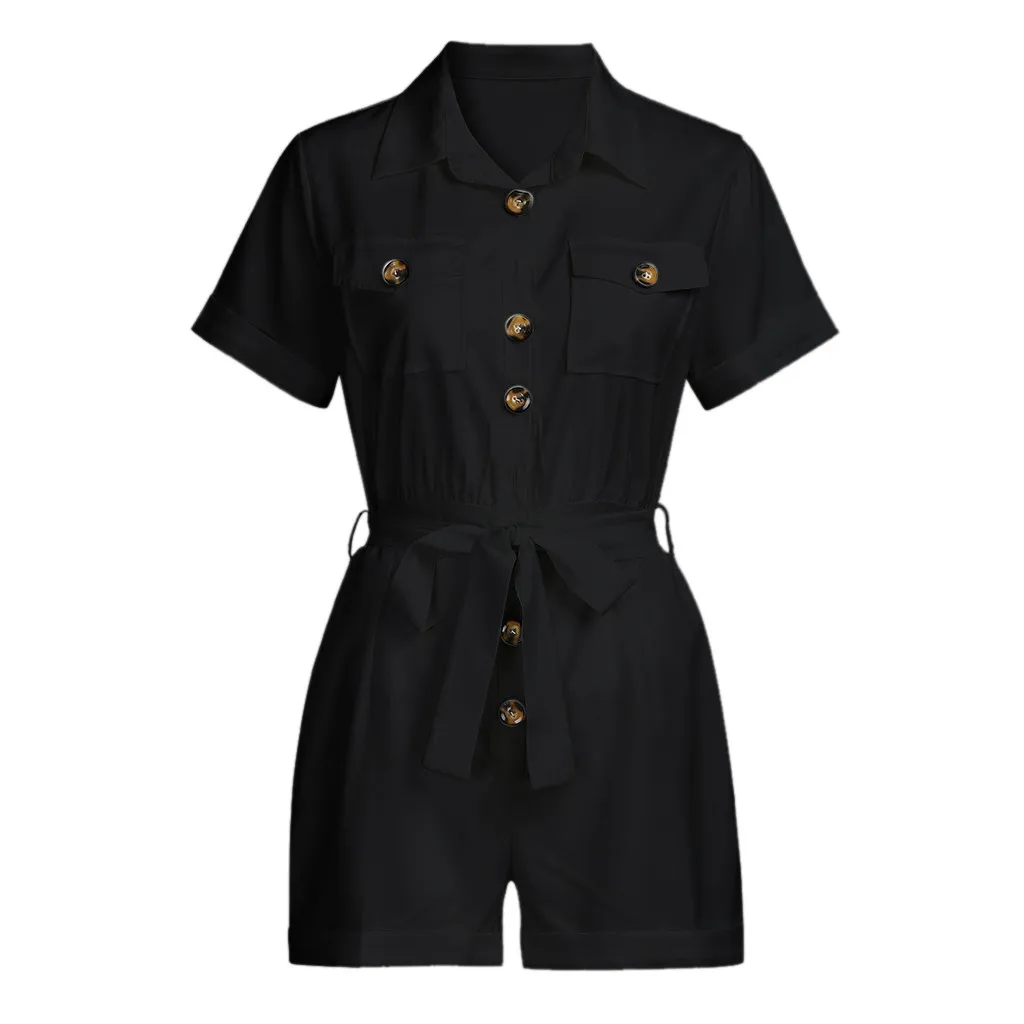 Summer Rompers For Women 2024 Casual Button Down Cuffed Short Sleeve Casual Boho Playsuit Romper For Women Dressy Dropshiping