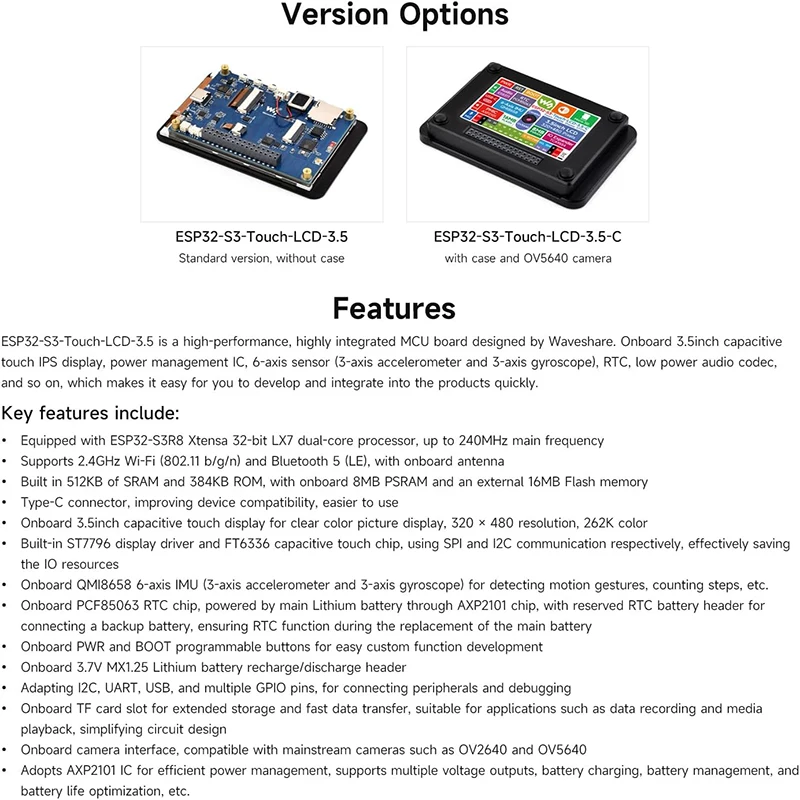 Waveshare ESP32-S3 3.5inch IPS 320x480 Touchscreen LCD Display Development Board with Camera for Arduino IDE ESP-IDF AI deepseek