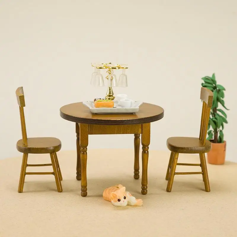 1/3Pcs Miniature Wooden Dining Table And Chair 1/12 Miniature Dollhouse Furniture Pretend Play Simulation Toys
