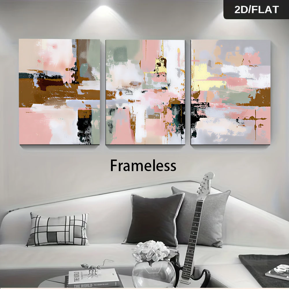 1 set of modern abstract triptych frameless decorative paintings, living room, bedroom, entrance wall paintings, pink, gray, gol