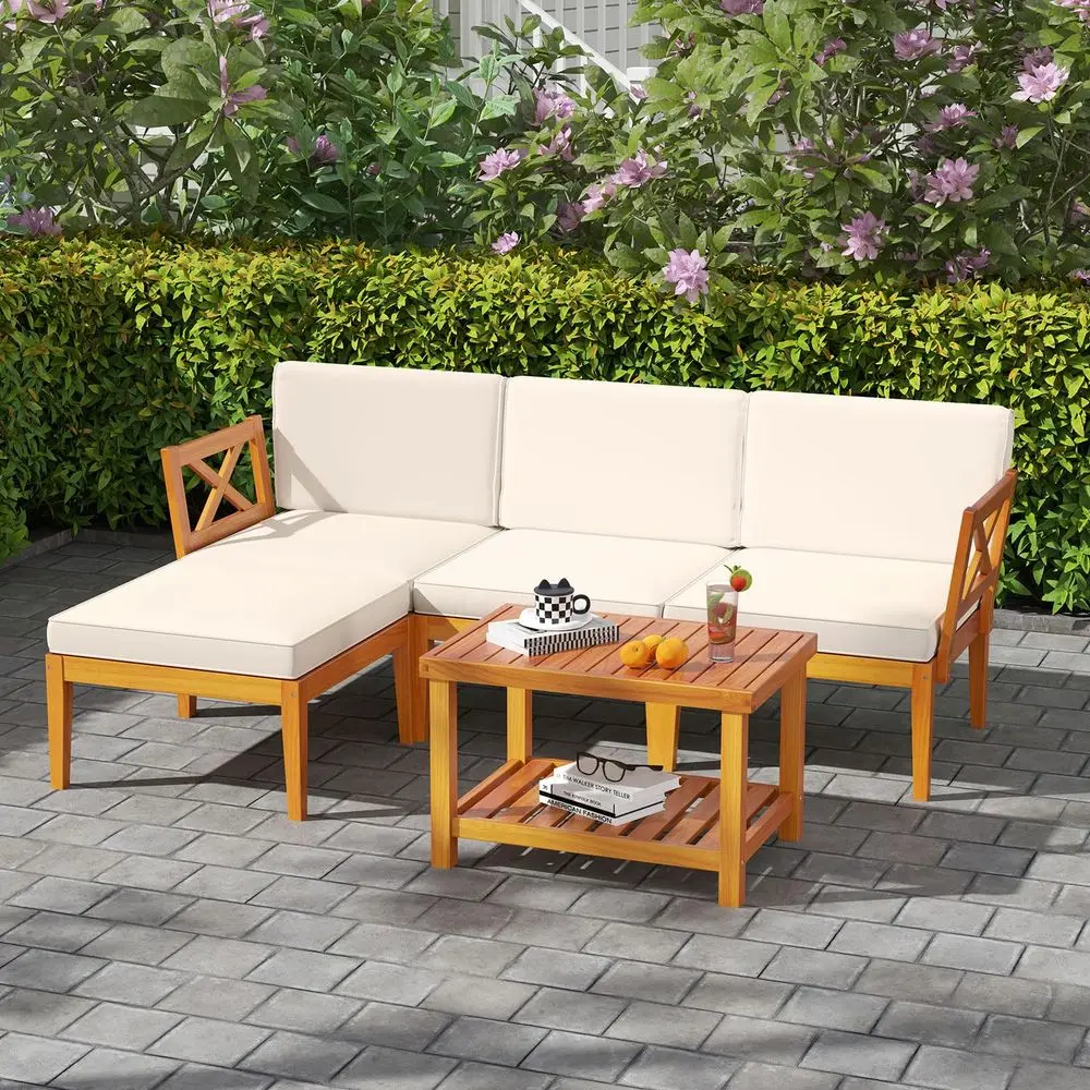 L Shaped Outdoor Furniture Set, 5 Pieces Acacia Wood Patio Conversation Set, Modular Outdoor Lounge Sofa Set w Cushions and Cof