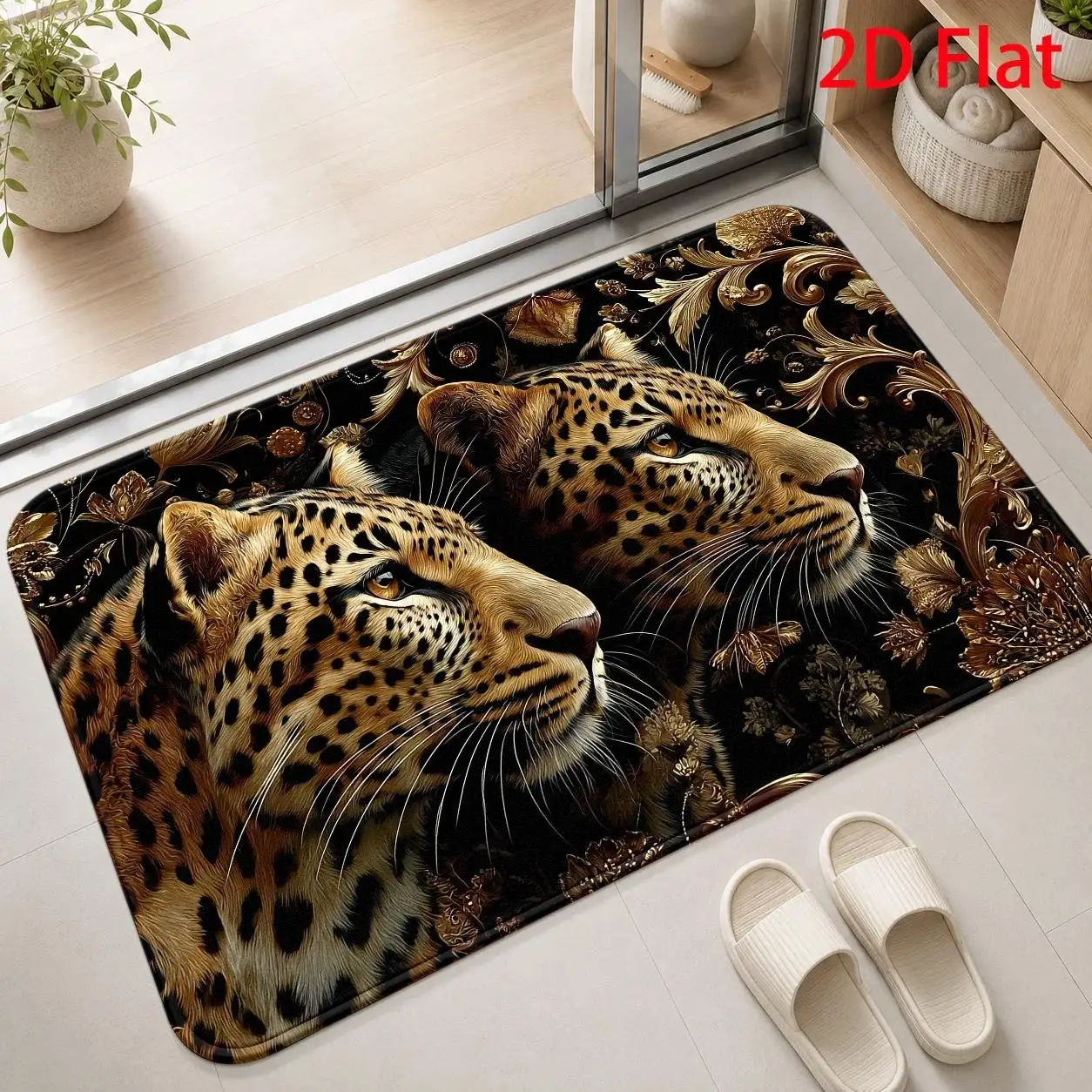 Two Leopard Heads Black Gold Vintage Wild Luxury Doormat For Entryway Bold Animal Print Rug Floor Mat Safari Style