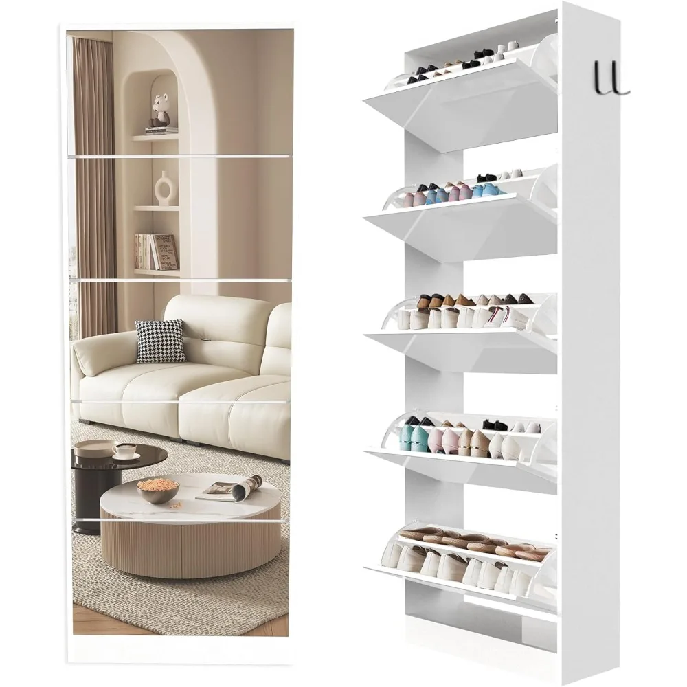 Mirror Shoe Storage Cabinet with 5 Tiers, Slim Free Standing Hidden Shoe Cabinet with 5 Flip Drawers，Shoe Cabinet Organizer