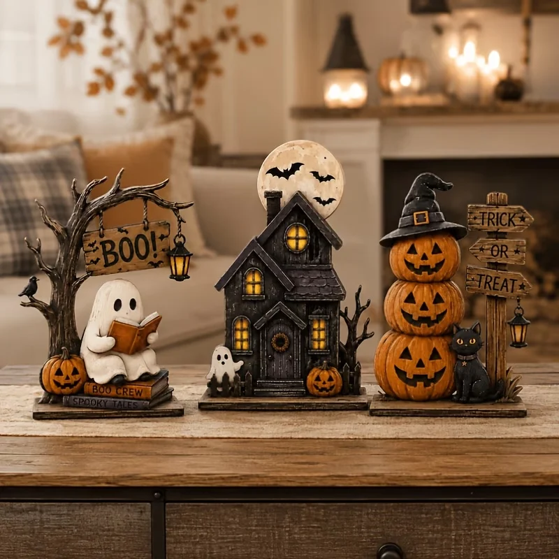 3-teiliges Vintage-Halloween-Dekorationsset aus Holz für den Innenbereich, bestehend aus einer schwarzen Katze, einem Kürbis und weiteren Elementen, als Halloween-Geschenk. – Detail 5