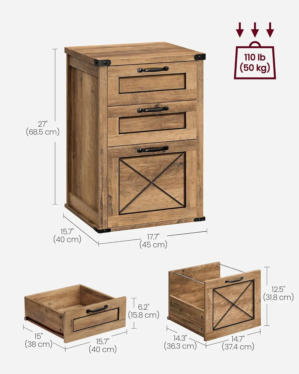 File Cabinet, Filing Cabinet with 3 Drawers, Printer Stand, Fit A4, Letter Size, Hanging File Folders, Modern Farmhouse Style, f