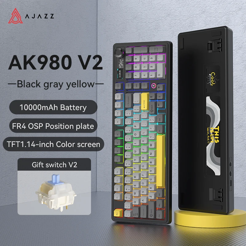 AJAZZ AK980 V2 Three-mode Wired Mechanical Keyboard Hot-swappable Gasket RGB Low-noise Ergonomic Office Gaming Keyboard
